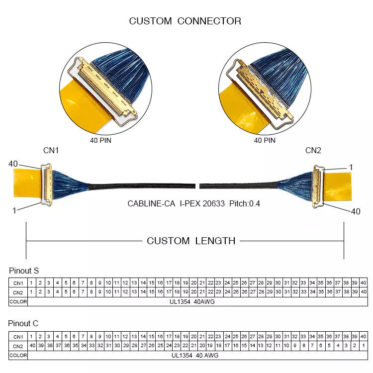OEM ODM VDE SAA CB 40 पिन एलसीडी केबल Ipex 40pin 20633-240T-01S